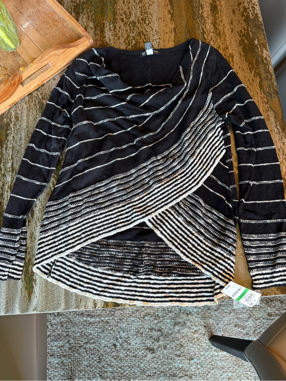 NWT INC Black & White Striped Draped Cross-Front Top